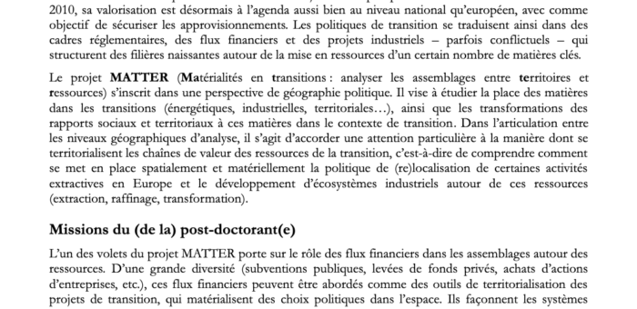 Offre de contrat post-doctoral – Projet MATTER