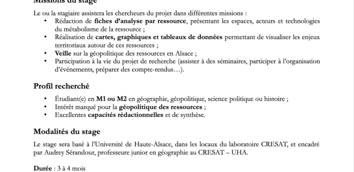 Offre de stage – Assistant·e de recherche en géographie politique des ressources (M1/M2)